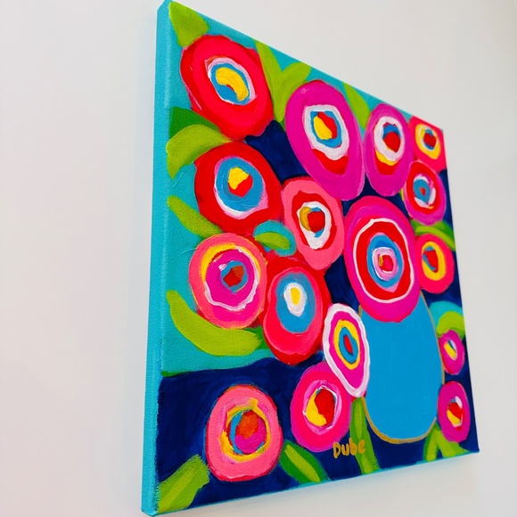 Original Painting Abstract Collectible Flowers Vase 12" x 12" Canvas - Picture 3 of 9